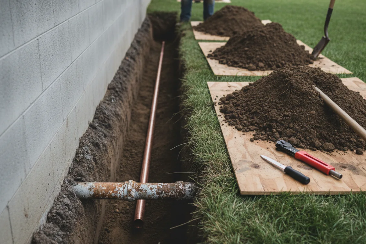 Excavated water line trench during Water Heater Repair in Walshville